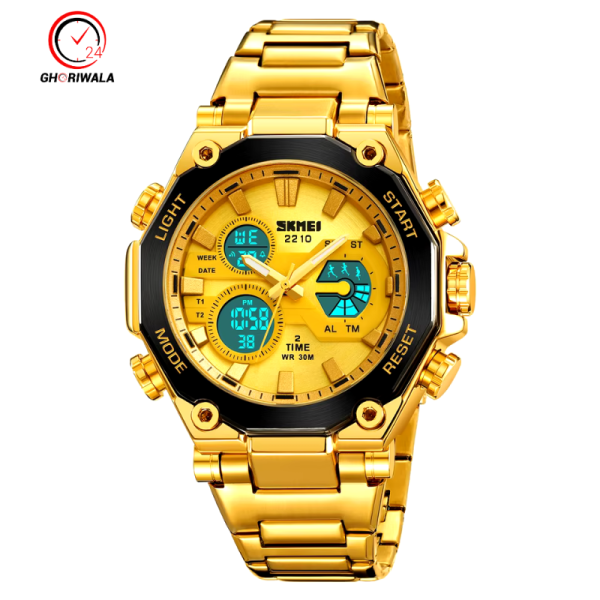 SKMEI 2210 Luxury Dual Time Display Digital Mens Watch - Golden