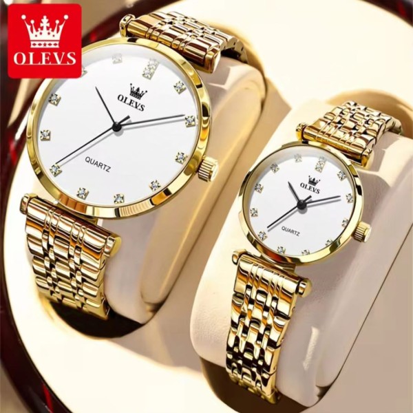 Olevs 5596 Luxury Elegant Couole Watch -  Golden