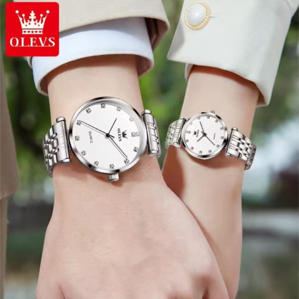 Olevs 5596 Luxury Elegant Couple Watch - Silver