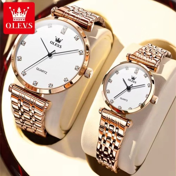 Olevs 5596 Luxury Elegant Couple Watch - Rose Gold