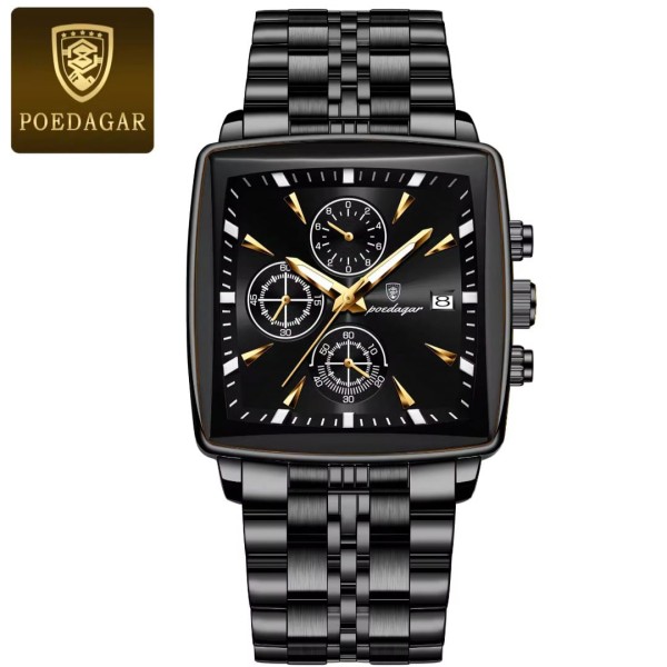 POEDAGAR 866 Luxury Square Chronograph Men’s Watch  - Black