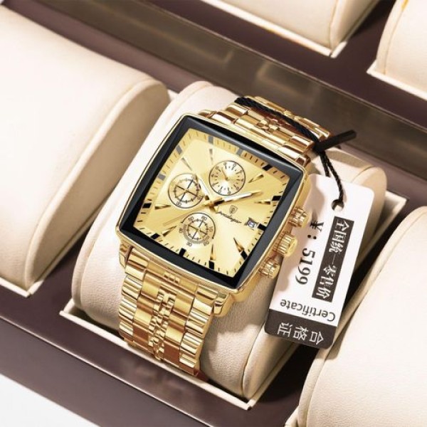 POEDAGAR 866 Luxury Square Chronograph Men’s Watch  -  Gold