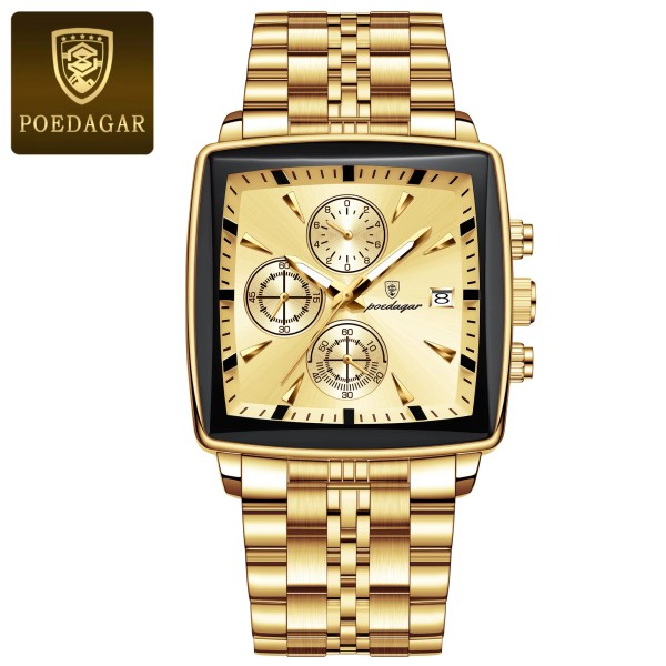 POEDAGAR 866 Luxury Square Chronograph Men’s Watch  -  Gold