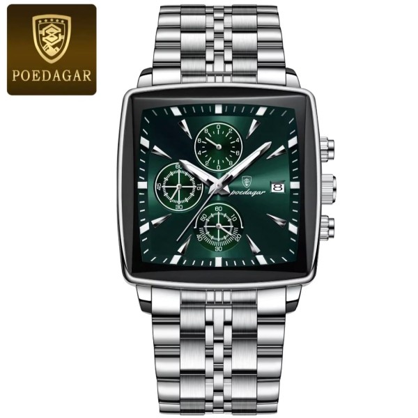 POEDAGAR 866 Luxury Square Chronograph Men’s Watch  - Silver & Green