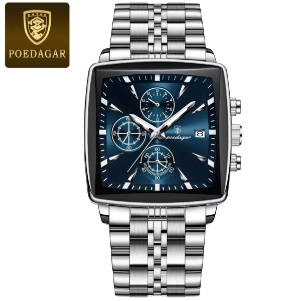 POEDAGAR 866 Luxury Square Chronograph Men’s Watch  - Silver & Blue