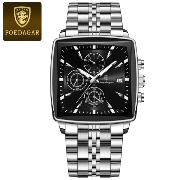 POEDAGAR 866 Luxury Square Chronograph Men’s Watch  - Silver & Black