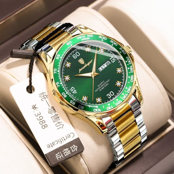 Poedagar 863 Mens Fashion Quartz Watch For- Gold & Green