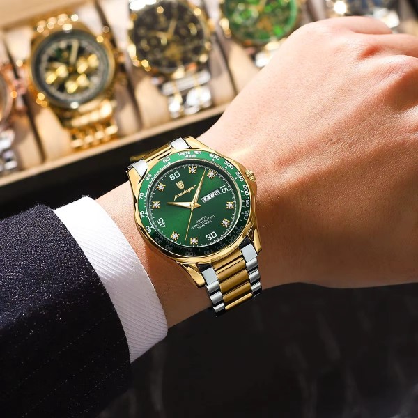 Poedagar 863 Mens Fashion Quartz Watch For- Gold & Green