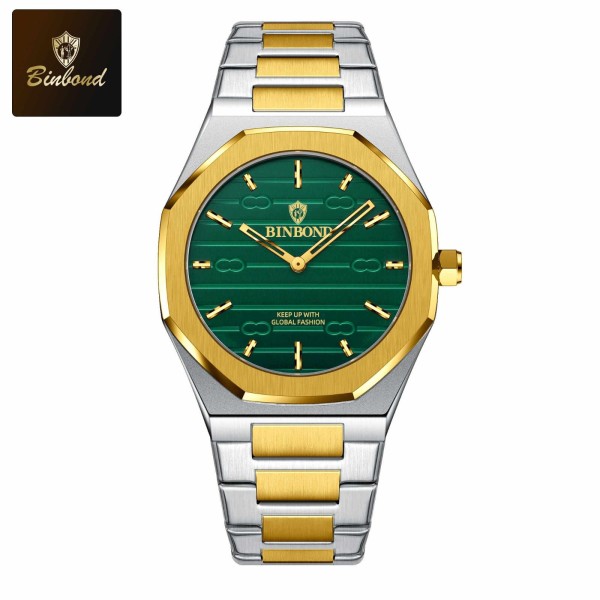 BINBOND 818 Stainless Steel Quartz Fashion Watch Men's For-Silver/Gold & Green