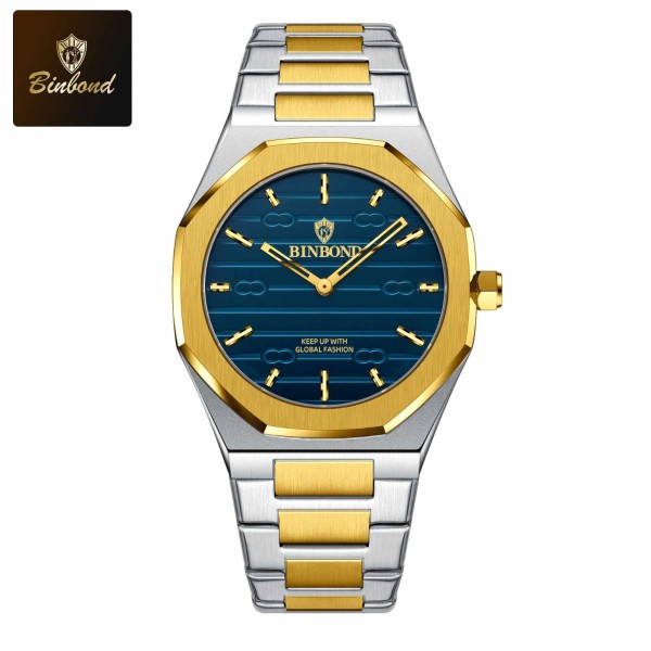 BINBOND 818 Stainless Steel Quartz Fashion Watch Men's For-Silver/Gold & Blue