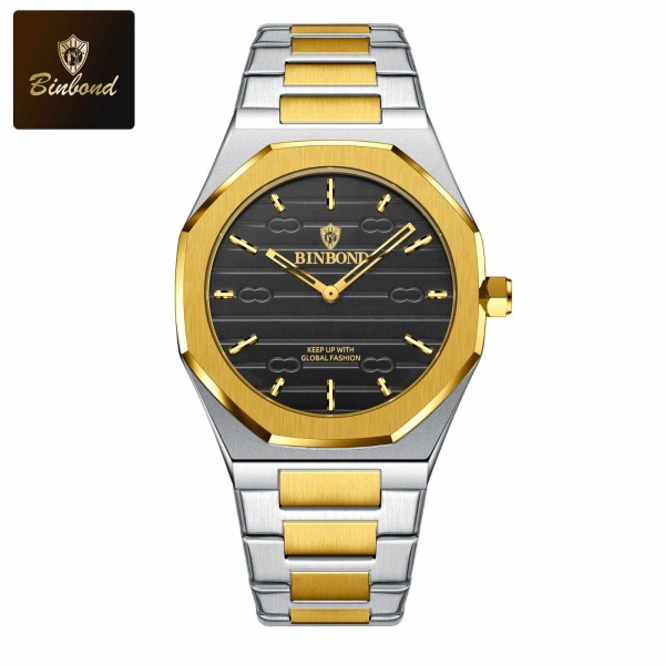 BINBOND 818 Stainless Steel Quartz Fashion Watch Men's For-Silver/Gold & Black