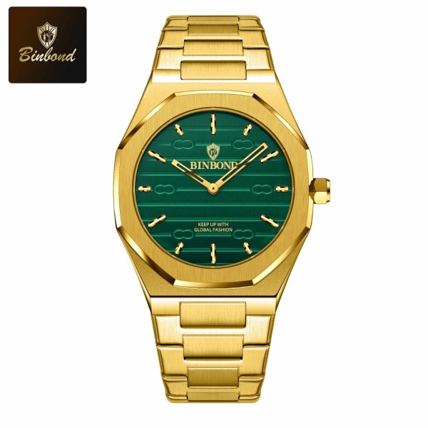 BINBOND 818 Stainless Steel Quartz Fashion Watch Men's For-Gold/Green