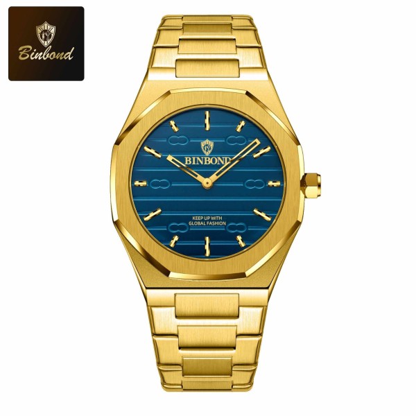 BINBOND 818 Stainless Steel Quartz Fashion Watch Men's For-Gold/Blue