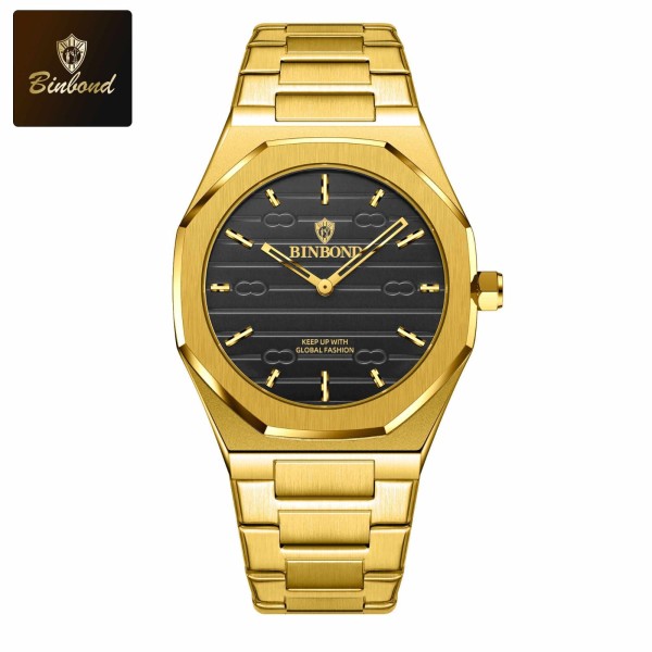 BINBOND 818 Stainless Steel Quartz Fashion Watch Men's For-Gold/Black