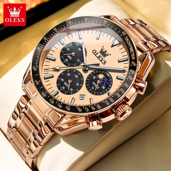 Olevs 3618 Stainless Steel Chronograph Wrist Watch For Men-Rose Gold