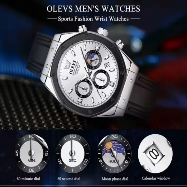 OLEVS 9911 Luxury Chronograph Sports Quartz Men Watch For- Silver