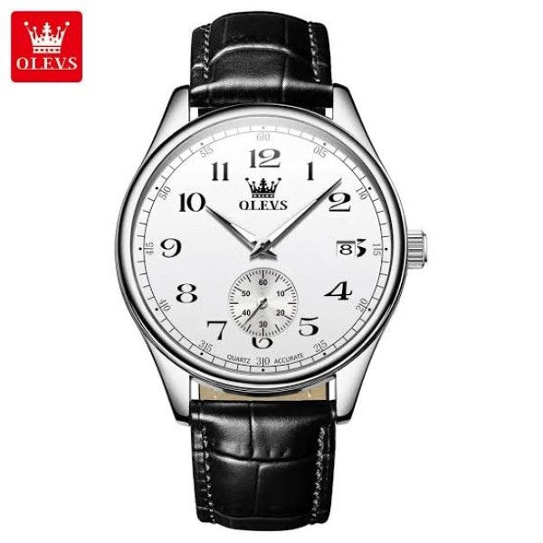 Olevs 3622 Black Leather Wrist Watch For Men - White