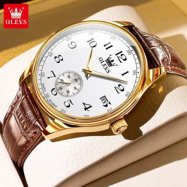 Olevs 3622 Chocklet Leather Wrist Watch For Men -Gold &  White