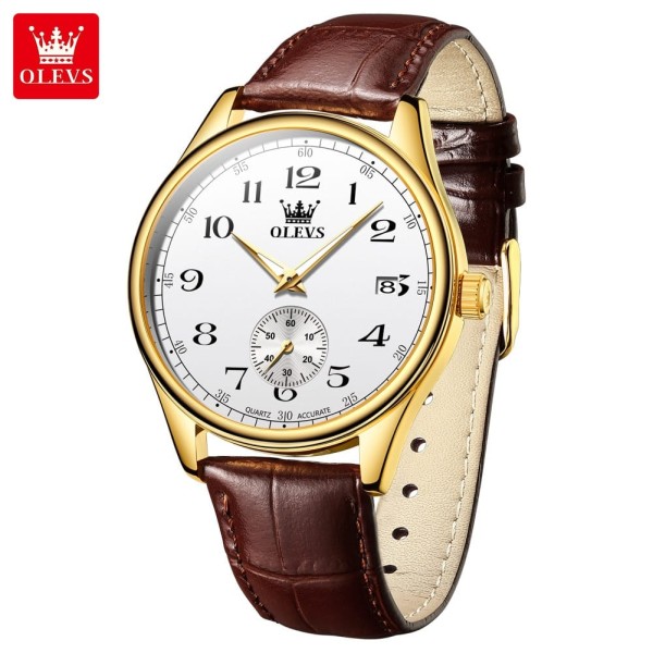 Olevs 3622 Chocklet Leather Wrist Watch For Men -Gold &  White