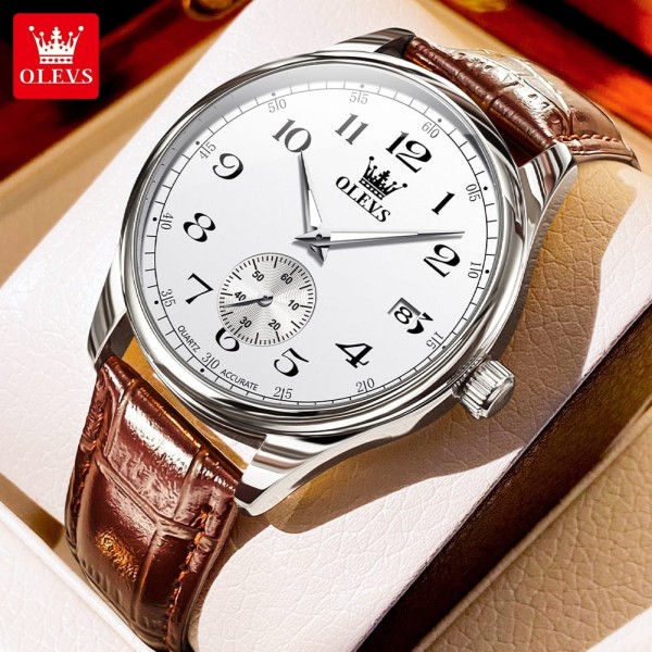 Olevs 3622 Chocklet Leather Wrist Watch For Men - White