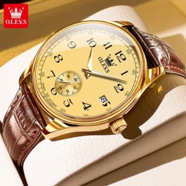 Olevs 3622 Chocklet Leather Wrist Watch For Men -Gold