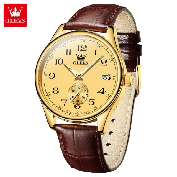 Olevs 3622 Chocklet Leather Wrist Watch For Men -Gold