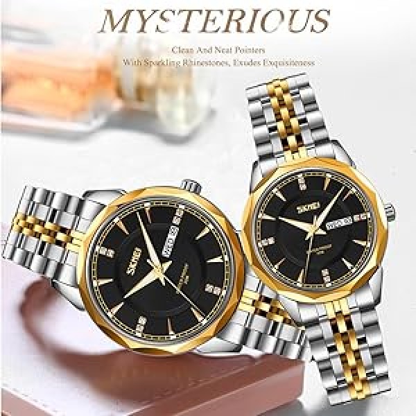 SKMEI 9268 Couple Stainless Steel Wristwatch for Men's- Silver Gold & Black