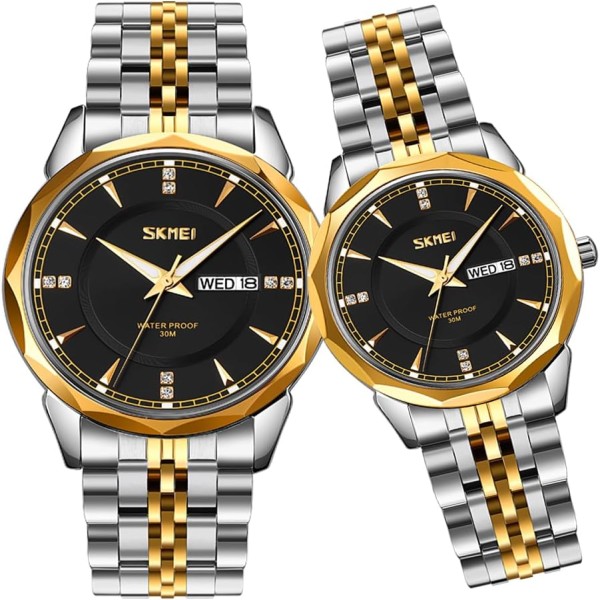 SKMEI 9268 Couple Stainless Steel Wristwatch for Men's- Silver Gold & Black