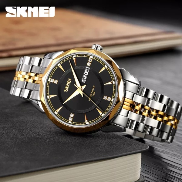 SKMEI 9268 Couple Stainless Steel Wristwatch for Men's- Silver Gold & Black