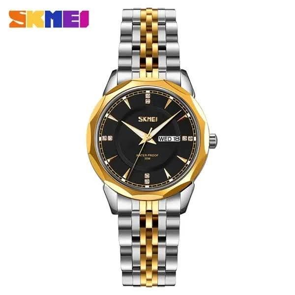 SKMEI 9268 Couple Stainless Steel Wristwatch for Men's- Silver Gold & Black