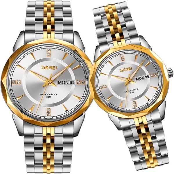 SKMEI 9268 Couple Stainless Steel Wristwatch for Men's- Silver Gold & White