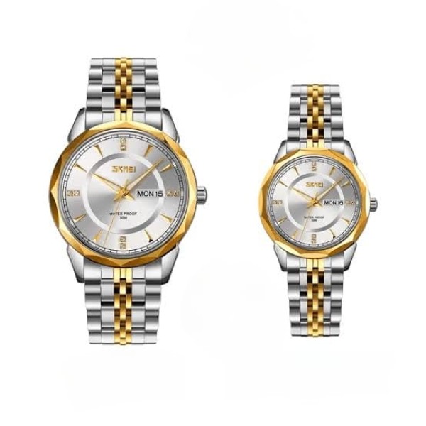 SKMEI 9268 Couple Stainless Steel Wristwatch for Men's- Silver Gold & White