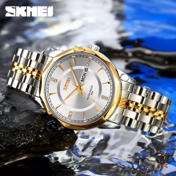 SKMEI 9268 Couple Stainless Steel Wristwatch for Men's- Silver Gold & White