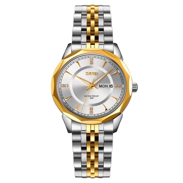 SKMEI 9268 Couple Stainless Steel Wristwatch for Men's- Silver Gold & White