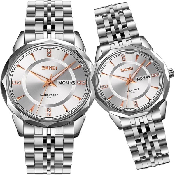 SKMEI 9268 Couple Stainless Steel Wristwatch for Men's- Silver