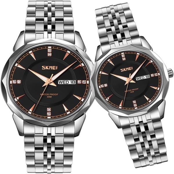 SKMEI 9268 Couple Stainless Steel Wristwatch for Men's- Silver/ Black