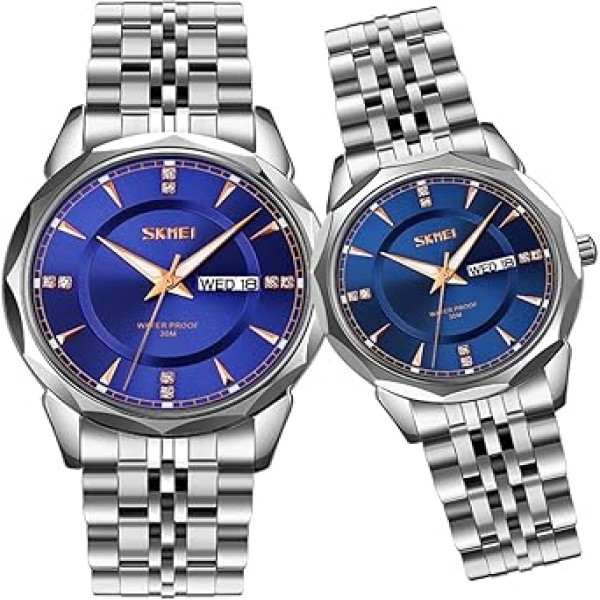 SKMEI 9268 Couple Stainless Steel Wristwatch for Men's- Silver/Blue