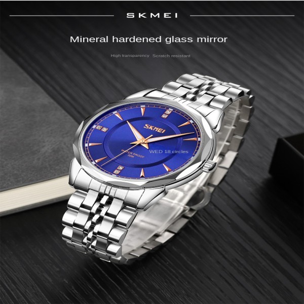 SKMEI 9268 Couple Stainless Steel Wristwatch for Men's- Silver/Blue