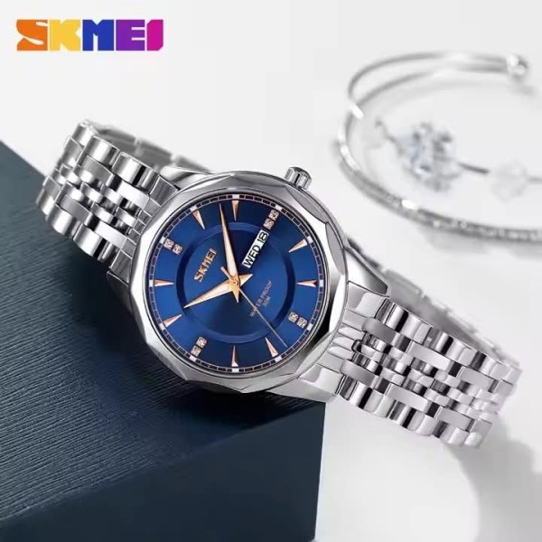 SKMEI 9268 Couple Stainless Steel Wristwatch for Men's- Silver/Blue