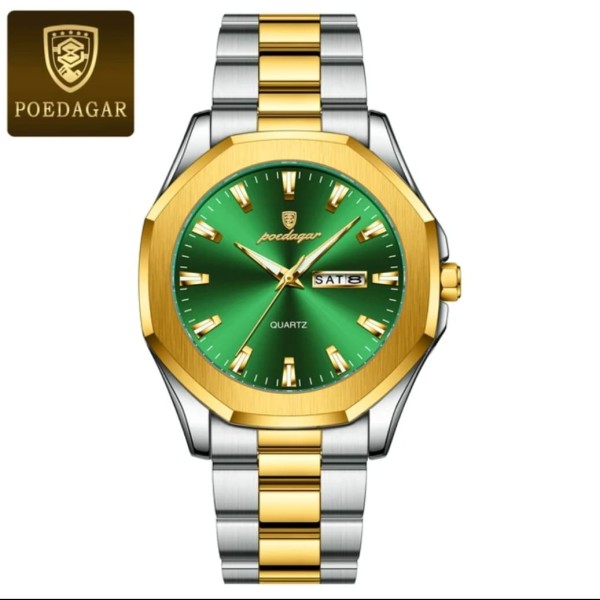 Poedagar 875 Stainless Steel Quartz Fashion Watch Men's For-Silver/Gold & Green