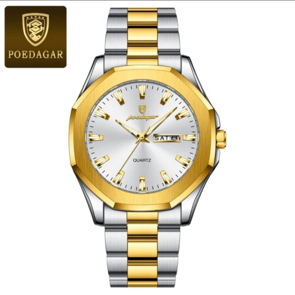 Poedagar 875 Stainless Steel Quartz Fashion Watch Men's For-Silver/Gold & White