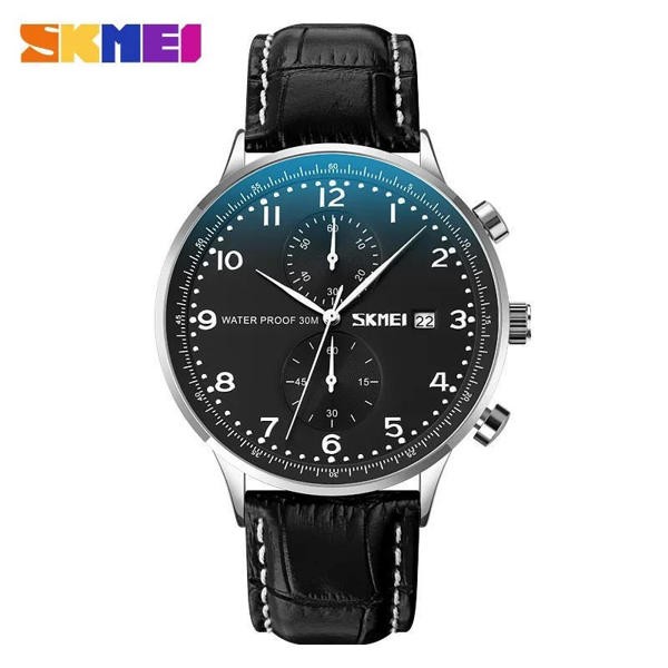 Skmei 9301 Leather Quartz Fashion Watch Men's For- Black