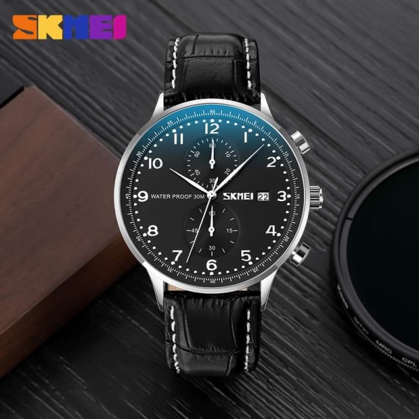 Skmei 9301 Leather Quartz Fashion Watch Men's For- Black