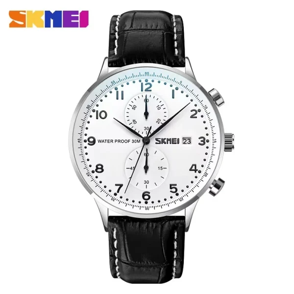 Skmei 9301 Leather Quartz Fashion Watch Men's For-  Black &  White