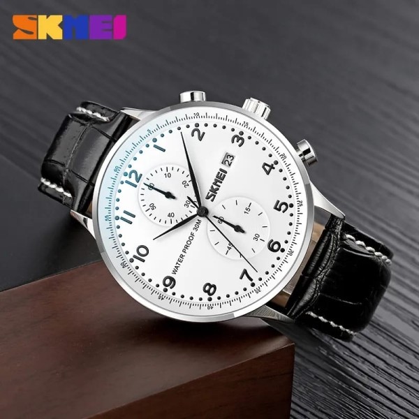 Skmei 9301 Leather Quartz Fashion Watch Men's For-  Black &  White