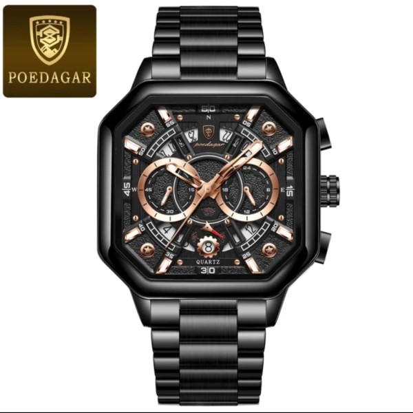 POEDAGAR 983 Luxury Chronograph Men’s Watch - Black &  Rose Gold