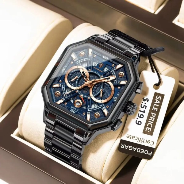 POEDAGAR 983 Luxury Chronograph Men’s Watch - Black &  Rose Gold/Blue