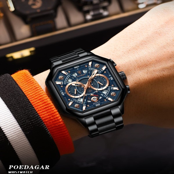 POEDAGAR 983 Luxury Chronograph Men’s Watch - Black &  Rose Gold/Blue