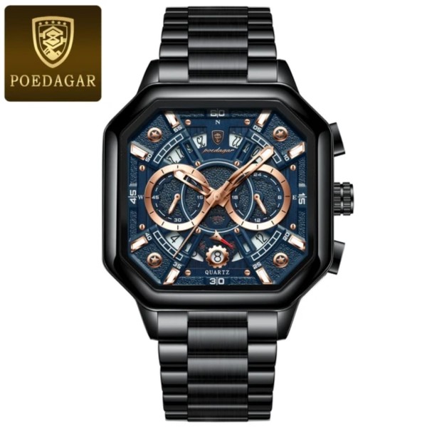 POEDAGAR 983 Luxury Chronograph Men’s Watch - Black &  Rose Gold/Blue