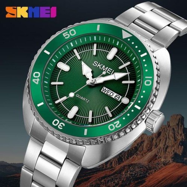 SKMEI 2256 Janpanese Quartz MEN WATCH For- Silver/ Green